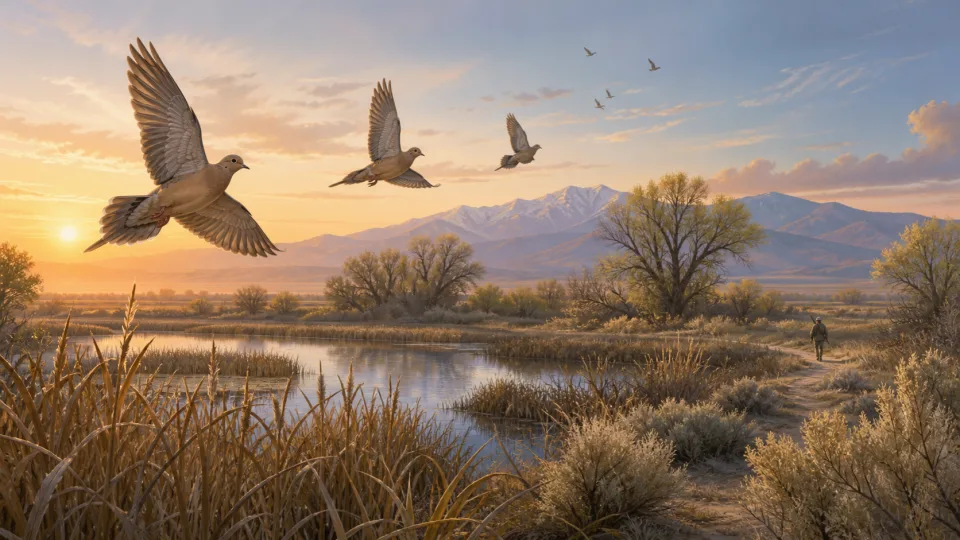 Non-documentary illustration of mourning doves flying above a generic high-desert wetland at dawn with a distant hunter on a trail.