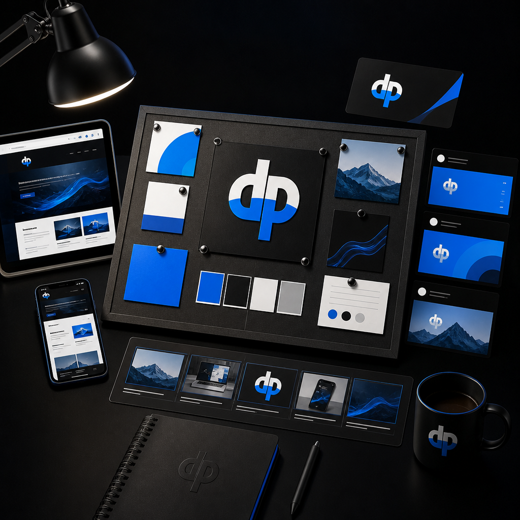 Digital Pros brand strategy board with coordinated website, social content, video storyboard and digital business card designs.