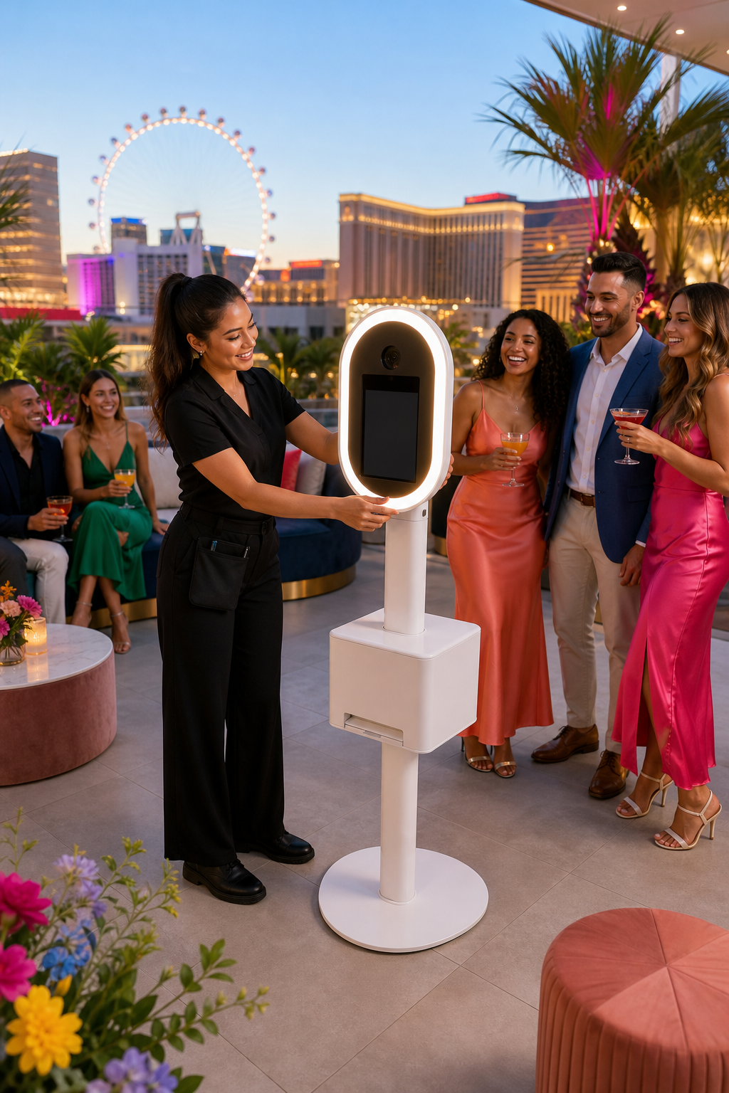 A Click & Celebrate attendant setting up a modern photo booth while guests enjoy a colorful Las Vegas celebration.