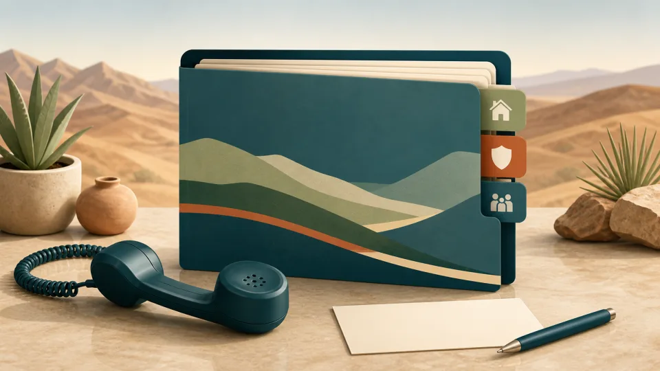 Non-documentary illustration of a county-services folder, telephone, blank address card and public-service tabs in a high-desert setting.