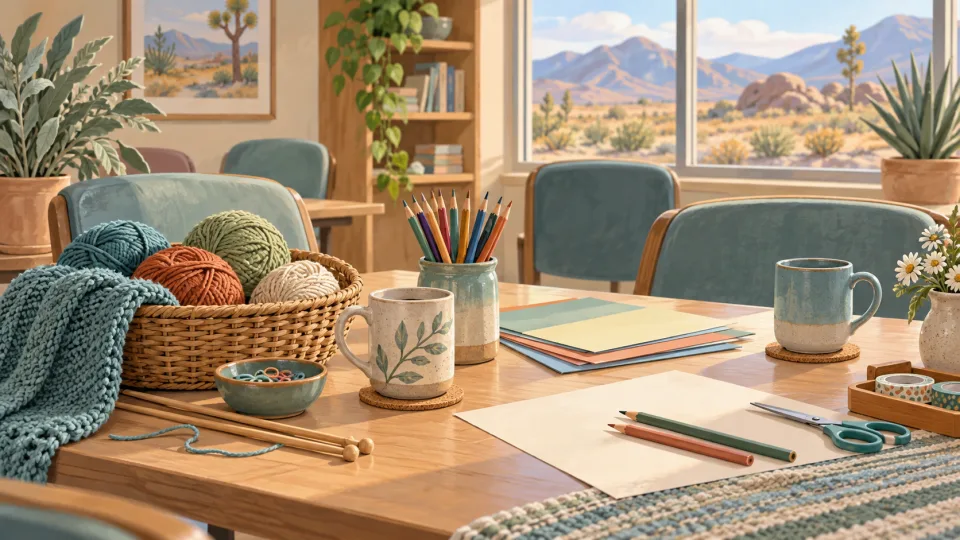 Non-documentary illustration of yarn, craft paper, colored pencils and mugs on a welcoming community table.