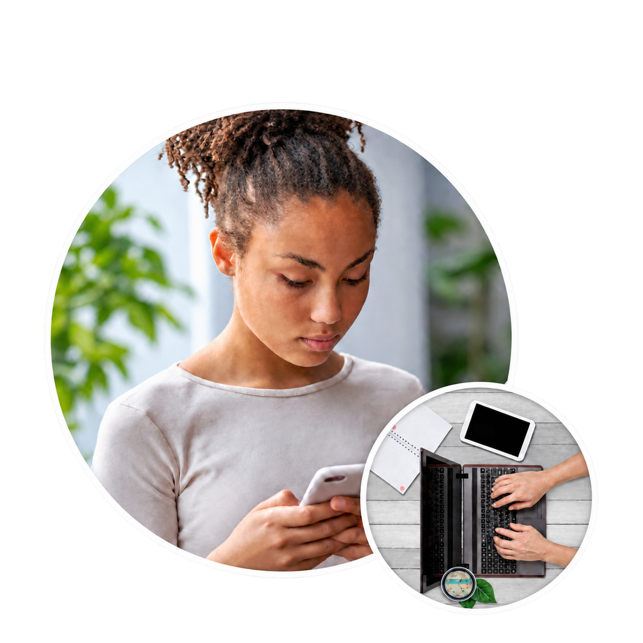Woman Texting with Mirrored Workspace Inset Cole Legaci 1