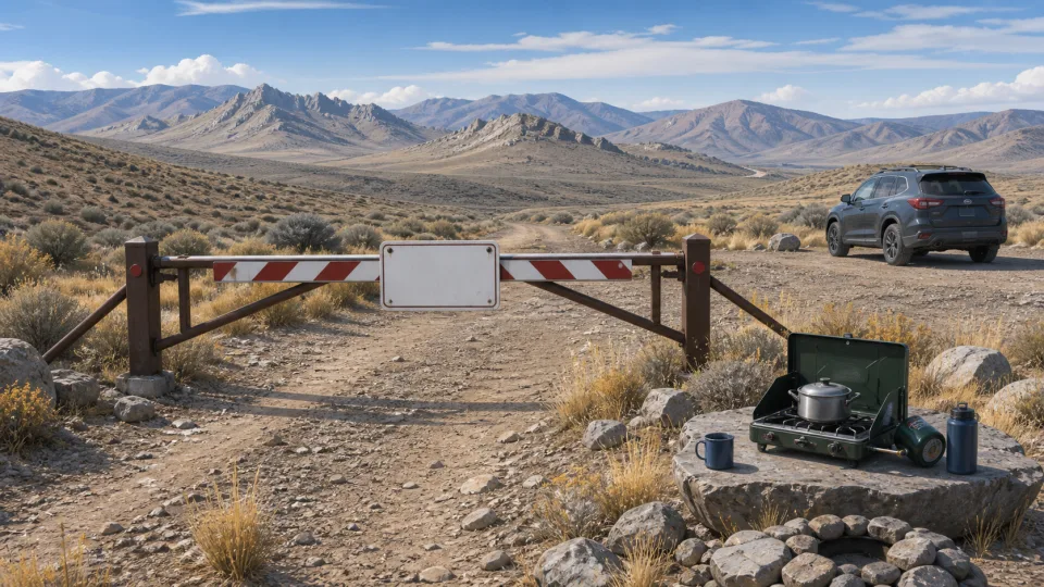 Non-documentary illustration of a blank safety gate across a generic high-desert public-land track.