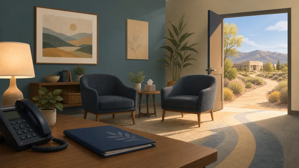 Non-documentary illustration of a telephone, blank folder and two chairs in a generic counseling office.