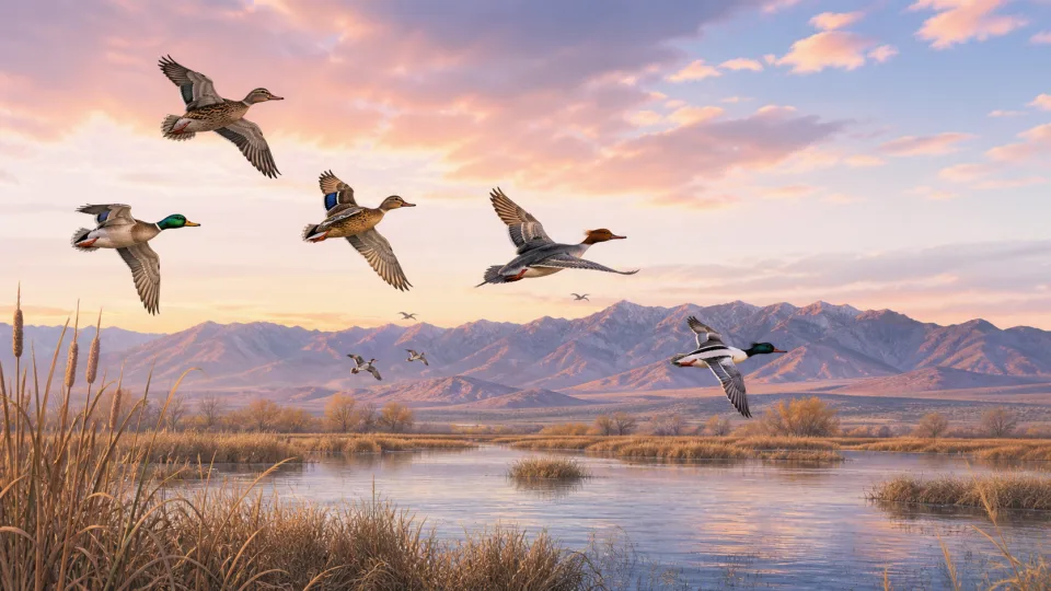 Non-documentary illustration of ducks and mergansers flying over a generic high-desert wetland at dawn.