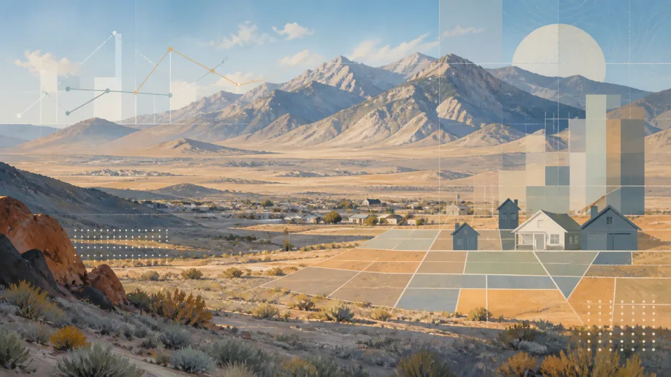 Illustrated high-desert town with house silhouettes, parcel lines and market charts.