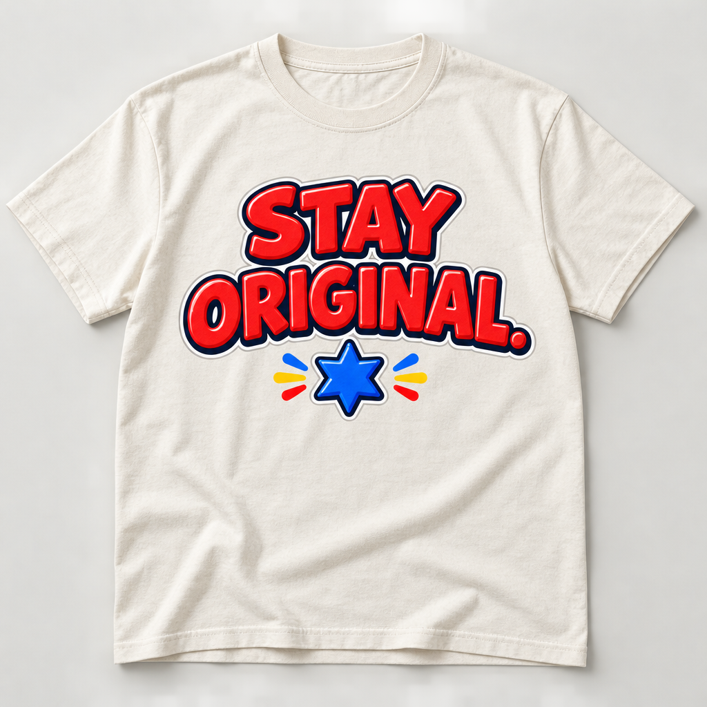Cream custom T-shirt concept with red lettering and blue star