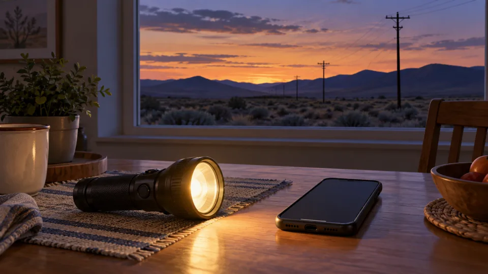 Non-documentary illustration of a flashlight and phone on a table, with high-desert hills and upright power poles at dusk.