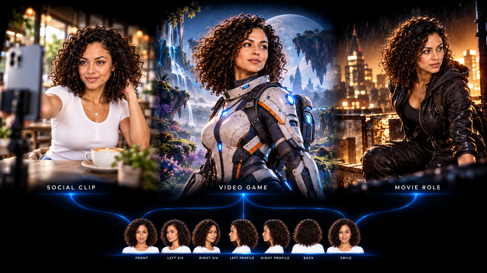 Fictional Maya character references connect to three AI-generated concepts: a cafe social clip, a science-fiction video-game character and a cinematic movie role.