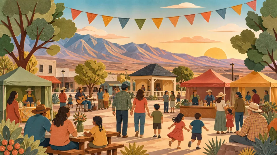 Non-documentary illustration of a high-desert community gathering; not this event, its participants or venue.