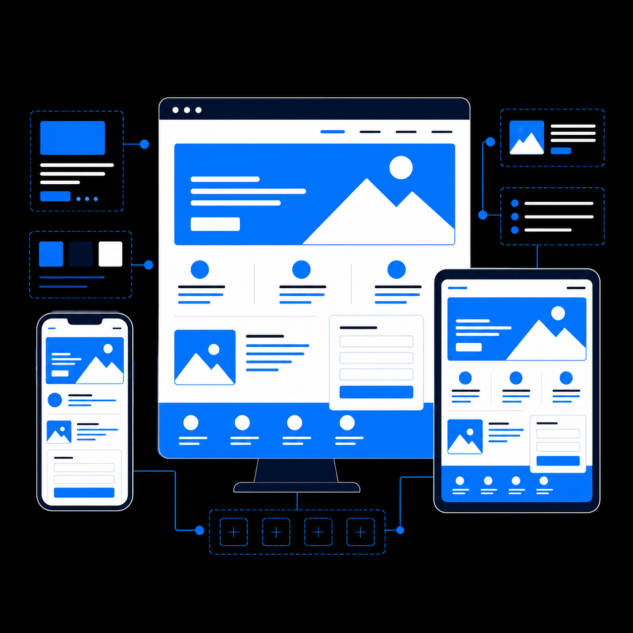 A responsive website shown on desktop, tablet, and phone screens.