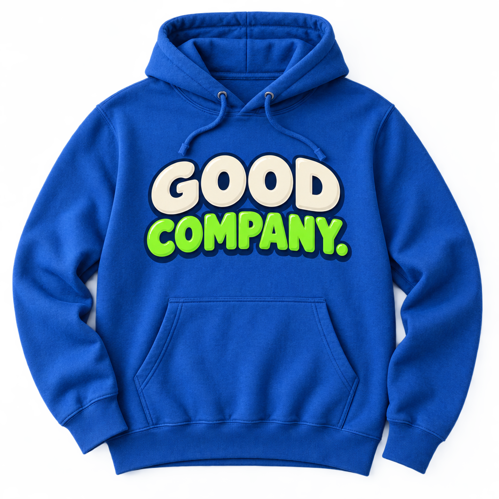 Royal-blue custom hoodie concept with GOOD COMPANY chest artwork