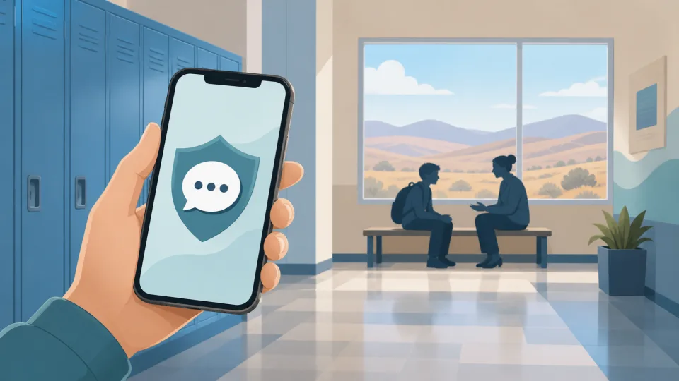 Non-documentary illustration of a generic anonymous safety-reporting symbol on a phone in a school hallway.