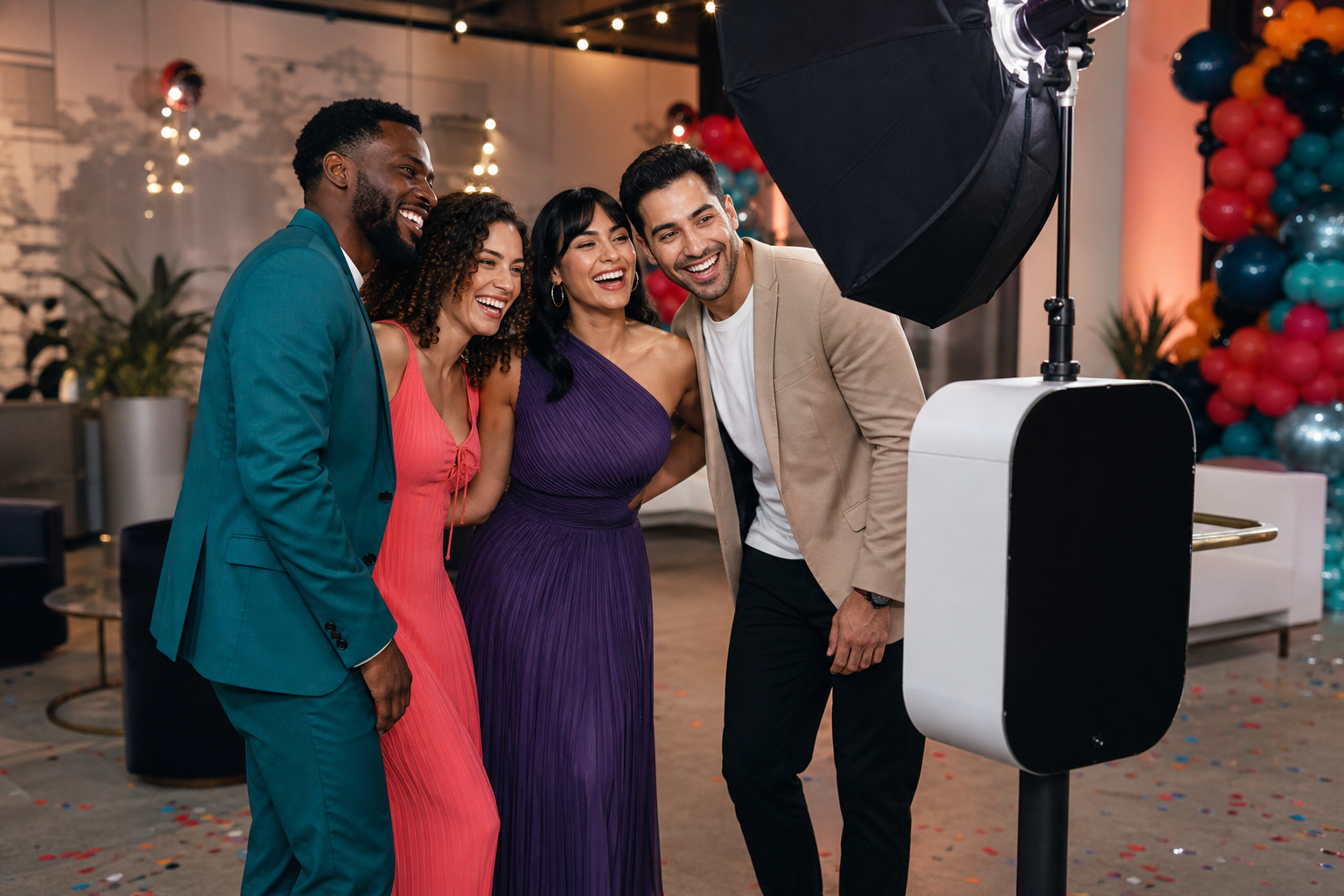 Guests enjoying a modern open-air photo booth at a colorful Las Vegas celebration.