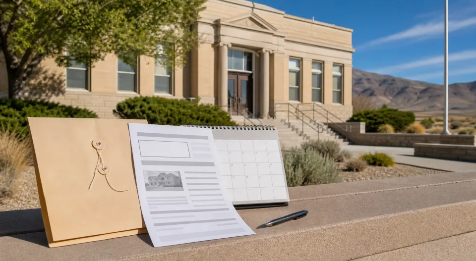 A Nevada county courthouse with a generic property-tax notice and calendar in the foreground