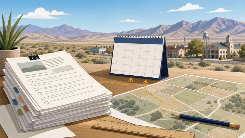 Editorial illustration of generic planning applications, a blank calendar and a parcel map beside a rural Nevada landscape.