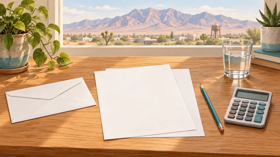 Non-documentary illustration of blank paperwork, an envelope and a calculator on a desk.