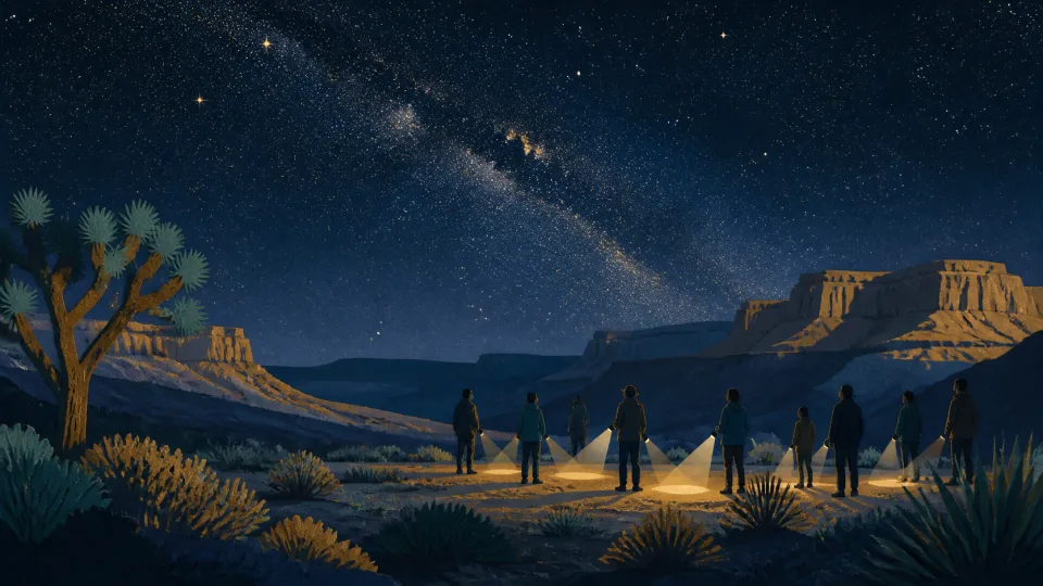 Non-documentary illustration of neighbors exploring a generic high-desert night sky.