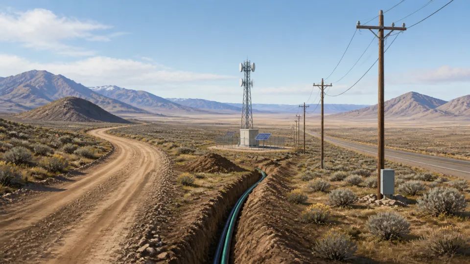 Non-documentary illustration of a high-desert access road, buried fiber corridor, communication tower and power line in rural Lincoln County.