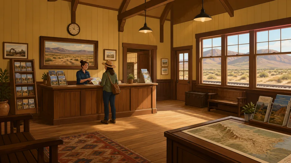 Non-documentary illustration of a staff member helping a visitor at a generic rural Nevada visitor-center desk.