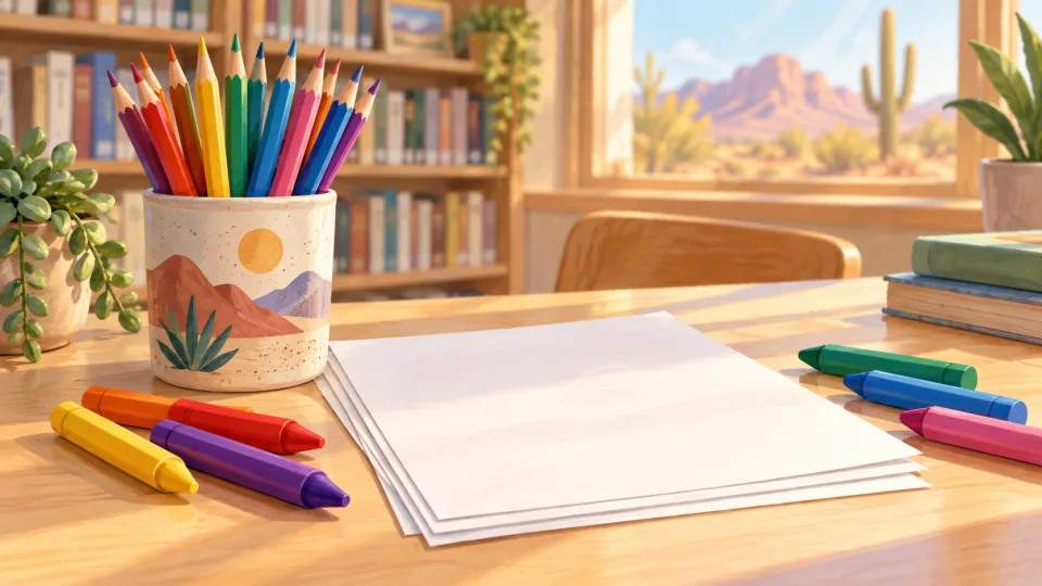 Non-documentary illustration of colored pencils, crayons and blank paper on a library-style table.