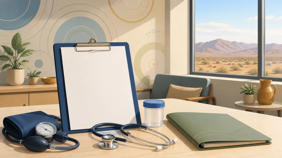 Non-documentary illustration of a blank clipboard, stethoscope and blood-pressure cuff in a generic health room.