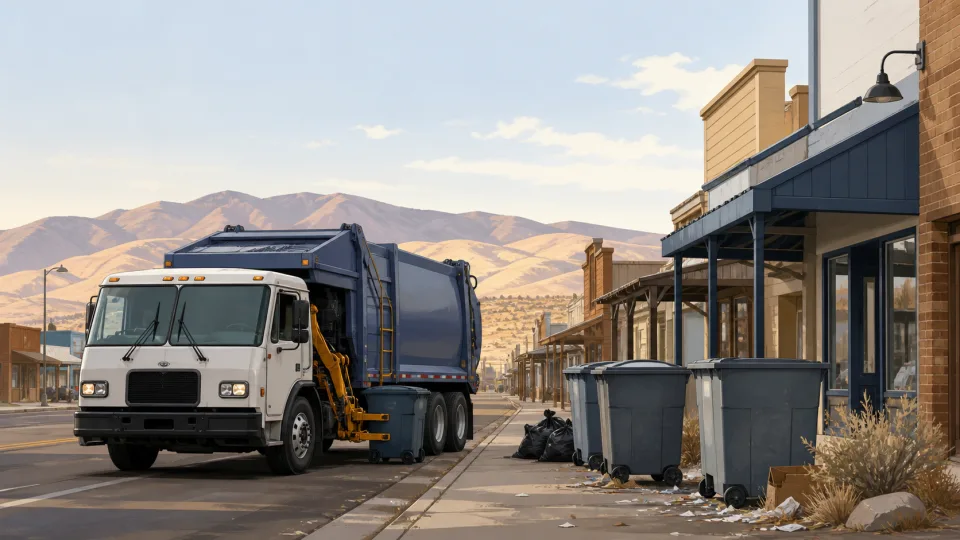 Non-documentary illustration of an unbranded garbage truck collecting commercial bins on a generic high-desert town street.