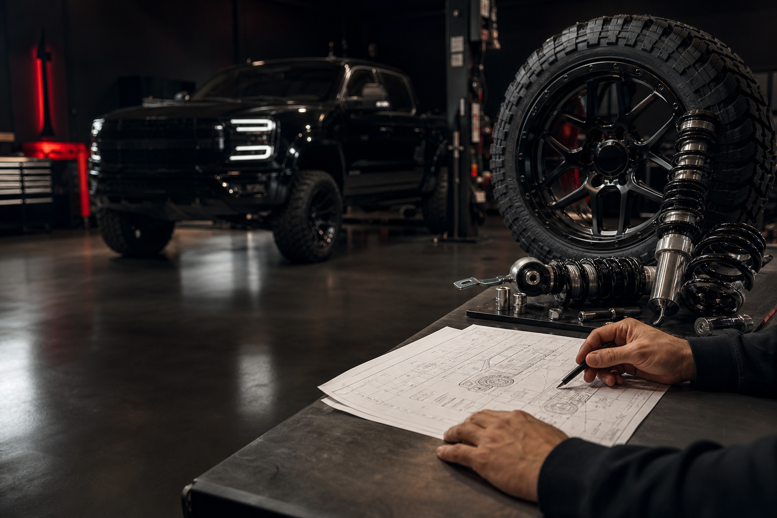 A custom vehicle build plan beside premium wheel and suspension components in The Custom Shop LV workshop.