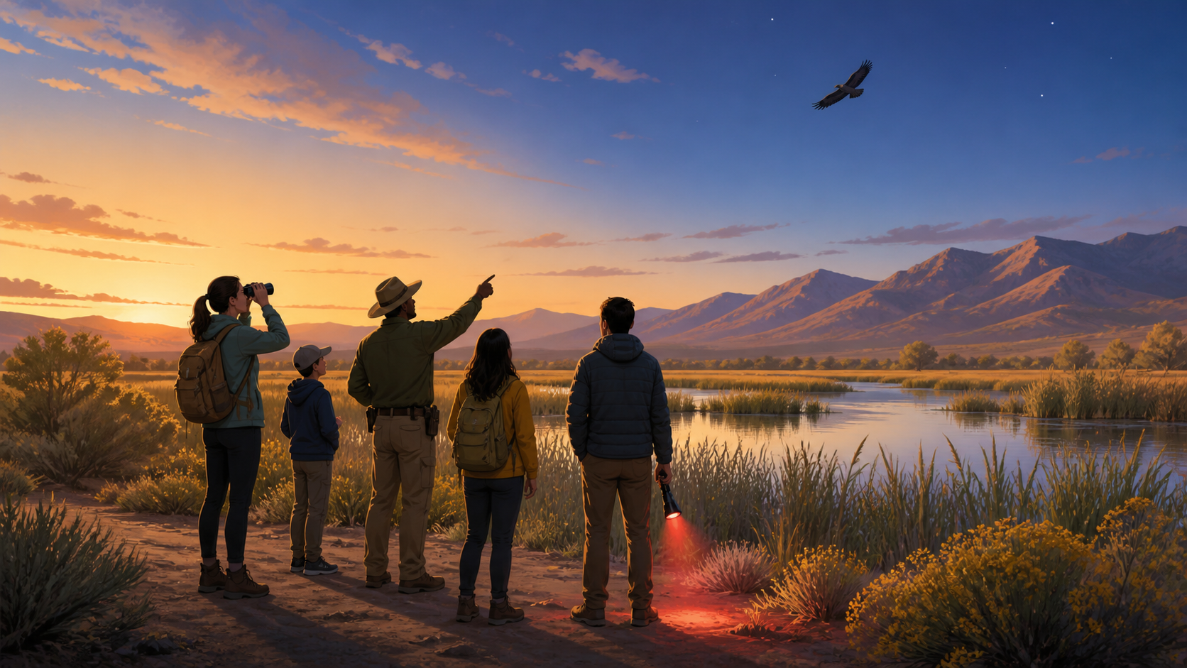 Non-documentary illustration of a ranger-led group observing birds beside a generic high-desert wetland at sunset.