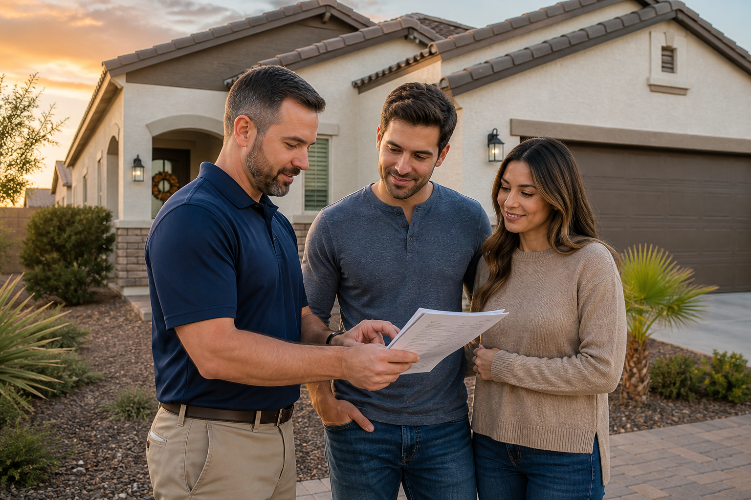 Home inspector reviewing a detailed inspection report with homeowners outside a Las Vegas home
