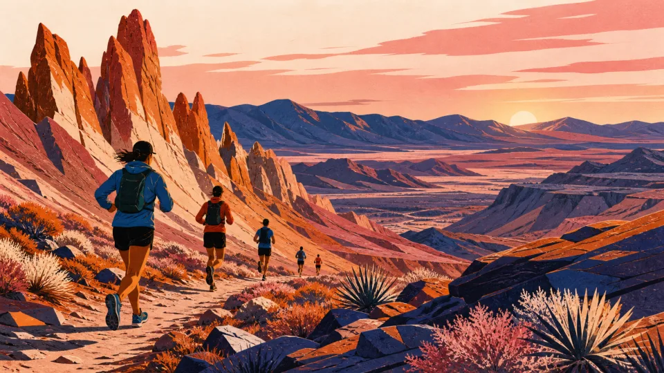 Non-documentary illustration of trail runners crossing an imaginary high-desert landscape at sunrise.