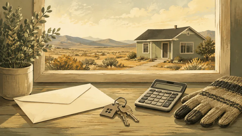 Non-documentary illustration of house keys, a blank envelope, calculator and work glove beside a generic rural home.