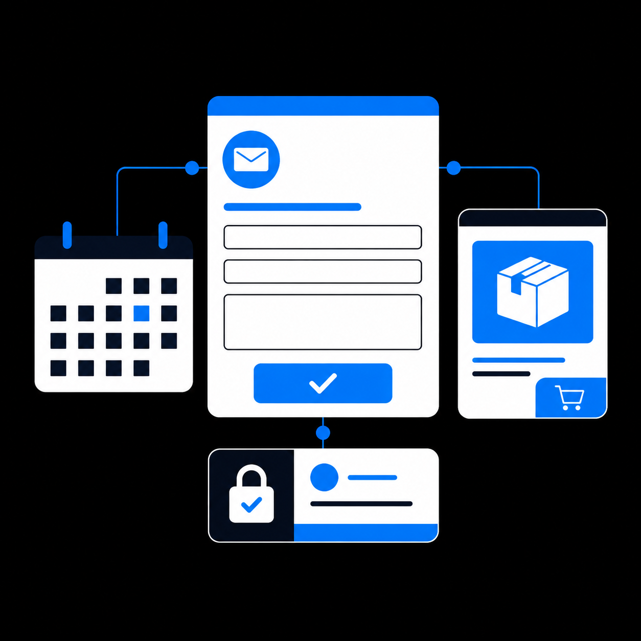 A customer request form, calendar, online store, and member access card connected by blue paths.