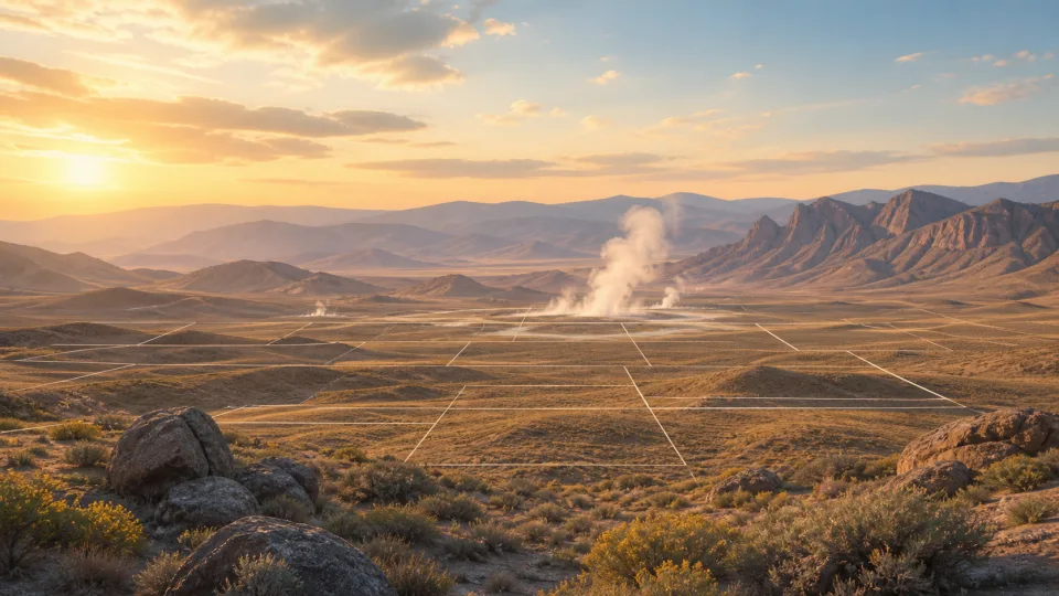 Non-documentary illustration of geothermal steam and abstract parcel lines across a Nevada high-desert basin at sunrise.