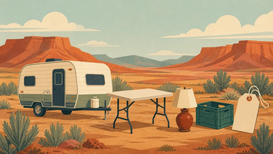 Non-documentary illustration of a generic trailer and household sale items, not actual auction inventory.