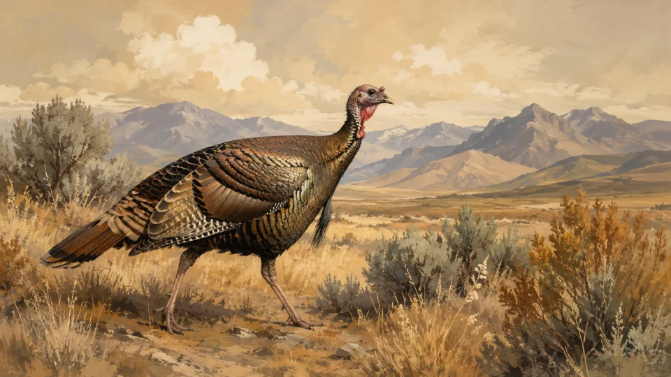 Non-documentary illustration of a wild turkey in a generic autumn high-desert meadow.