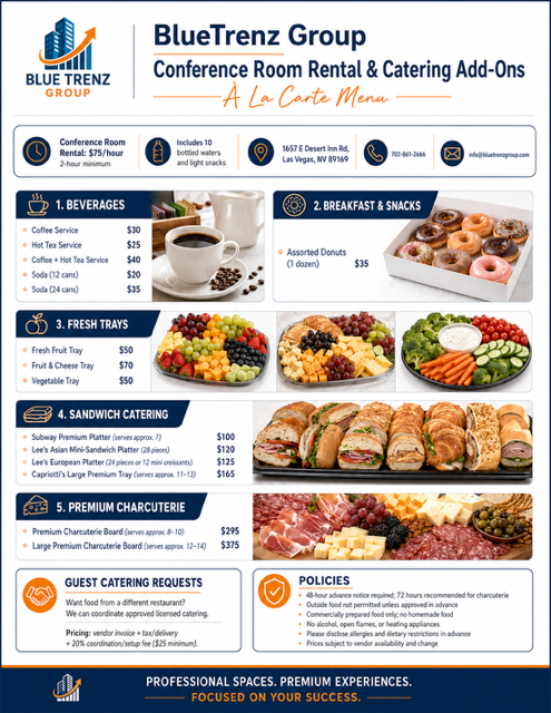 BlueTrenz Group conference room rental and catering add-ons menu with beverage, breakfast, tray, sandwich, and charcuterie options.