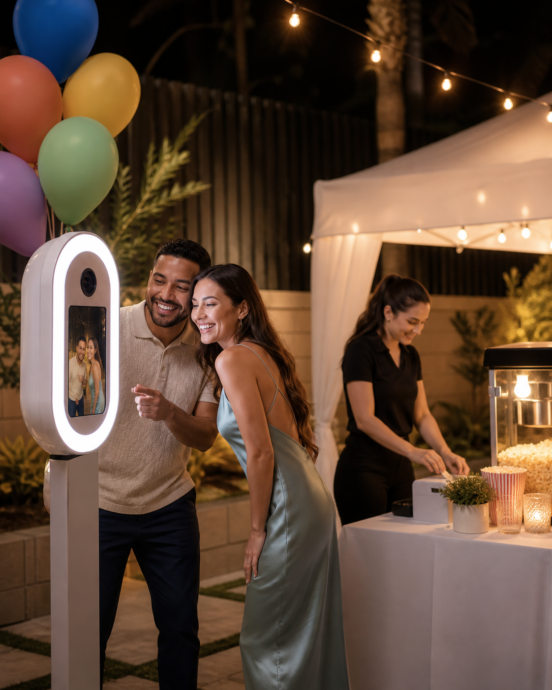 Guests enjoying a Click & Celebrate photo booth beside a popcorn station and white event canopy at a Las Vegas celebration.