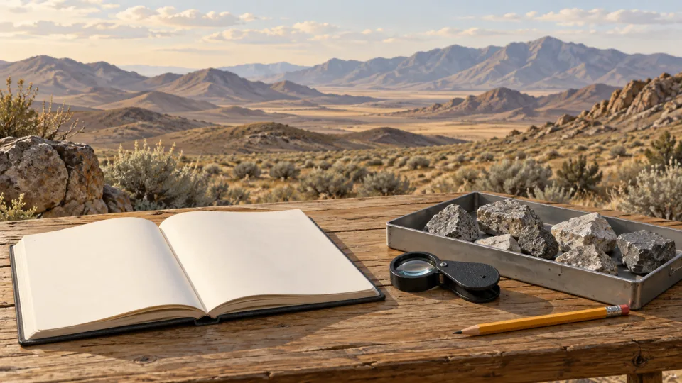 Conceptual illustration of a blank field notebook, hand lens and rock samples overlooking a generic high-desert landscape; not the actual Prince Silver site.