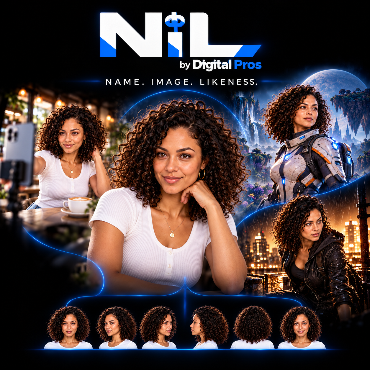 Digital Pros NIL character shown in social content, a video game, and a cinematic role, with multiple facial reference angles.