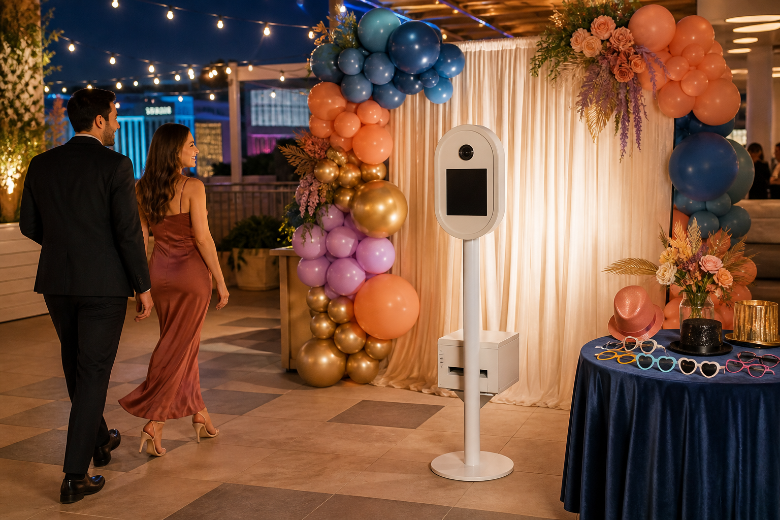 An elegant open-air photo booth prepared for guests at a Las Vegas celebration venue.