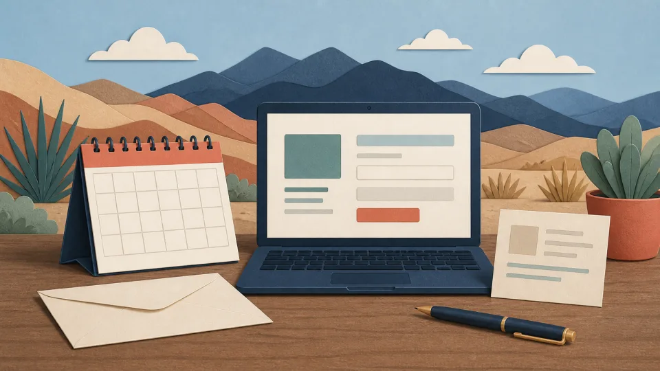 Non-documentary illustration of a blank calendar, envelope and generic online registration screen against a Nevada desert backdrop.