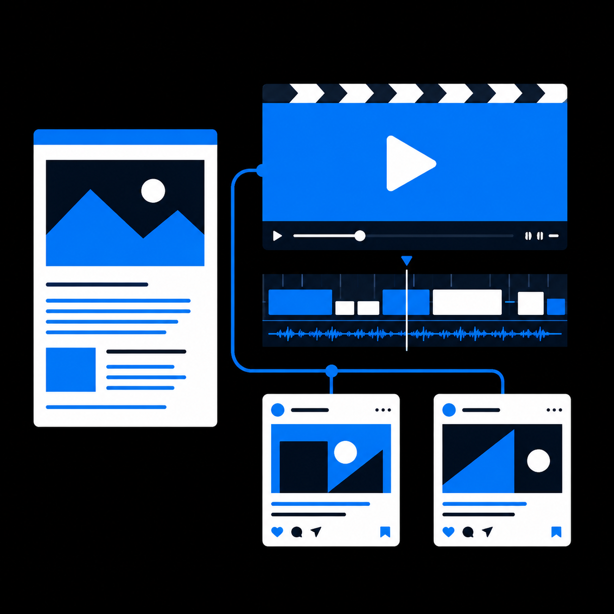An article, video timeline, and social content tiles connected in a publishing workspace.