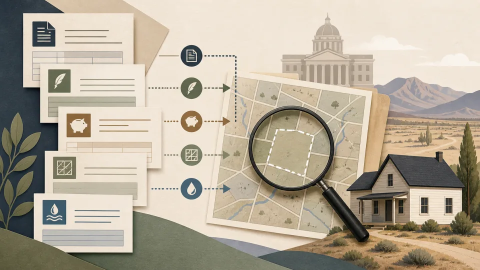 Illustration of property records, a parcel map and a magnifying glass beside a rural house.