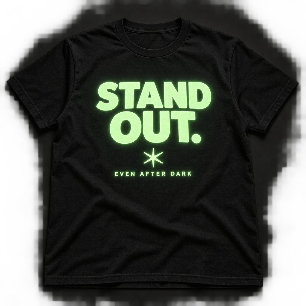 Realistic black T-shirt concept with glow-in-the-dark STAND OUT artwork