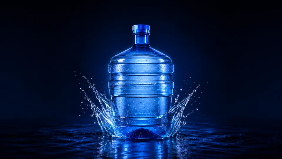 Five-gallon alkaline water bottle rising from a blue splash.