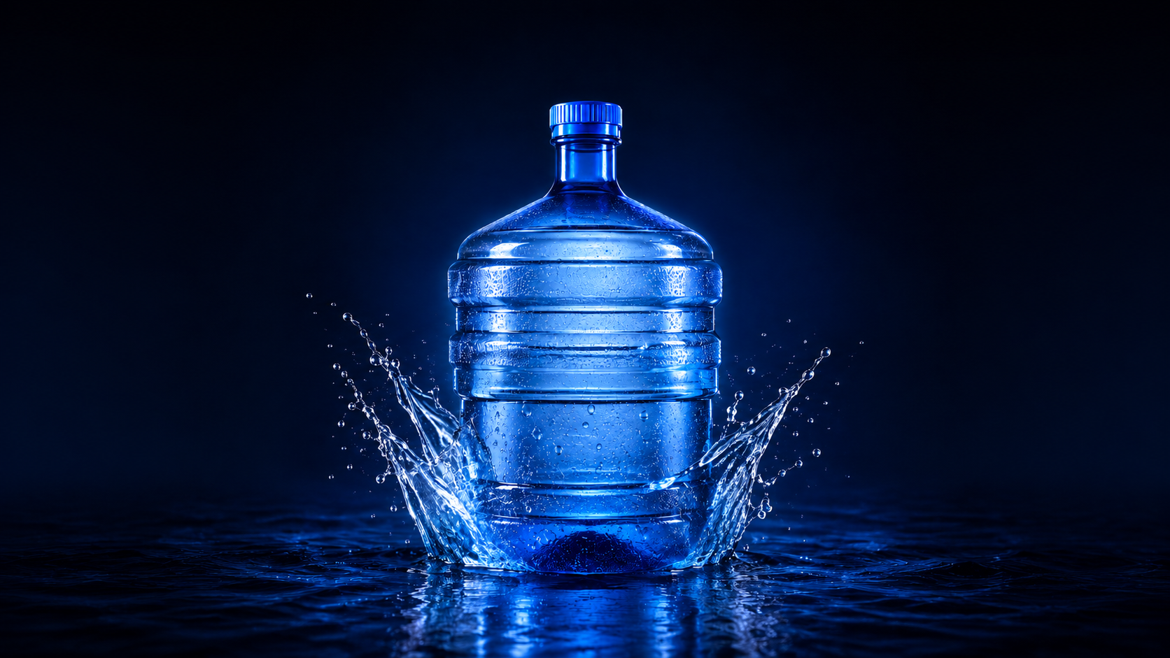 Five-gallon alkaline water bottle rising from a blue splash.