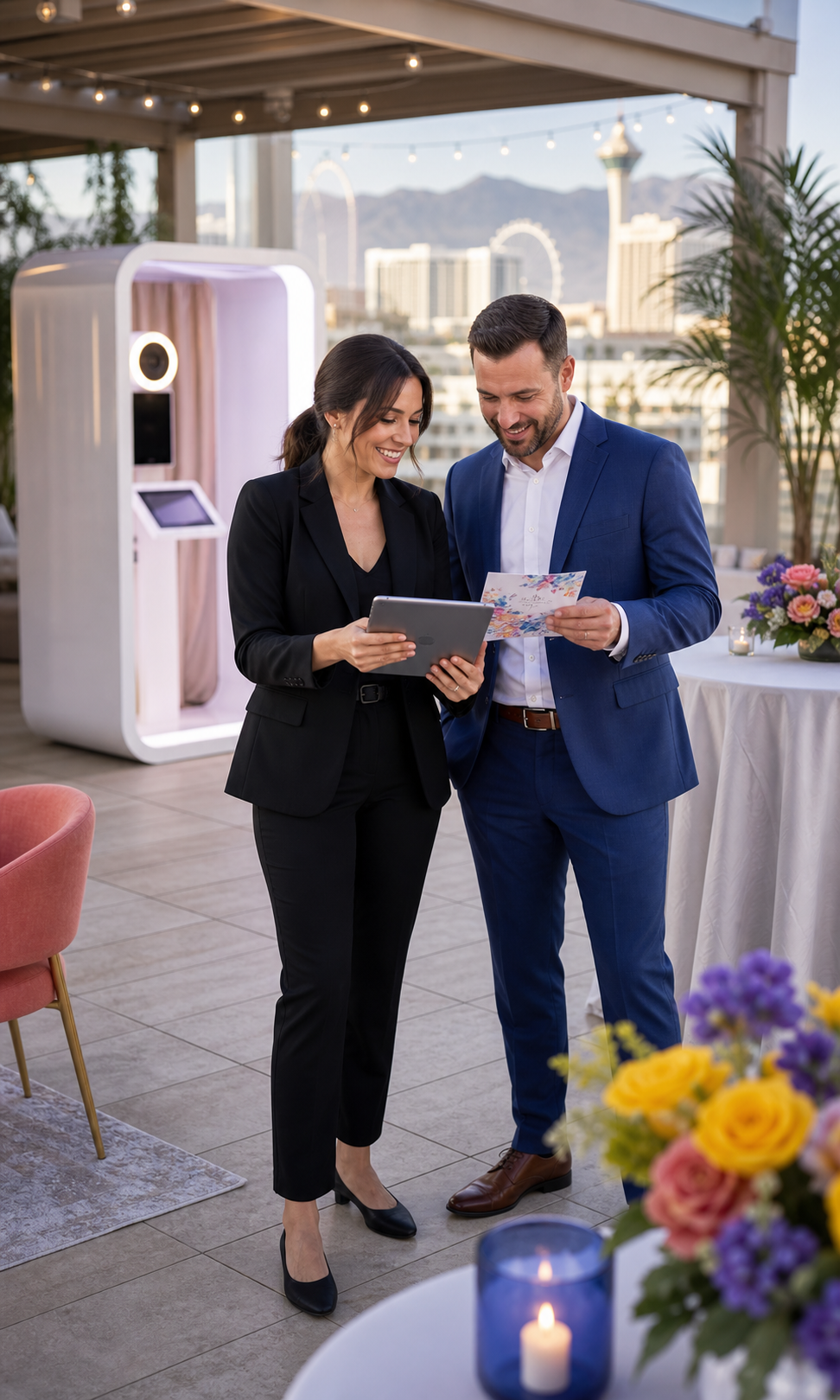 A Click & Celebrate event coordinator reviewing celebration details with a client at a Las Vegas venue.