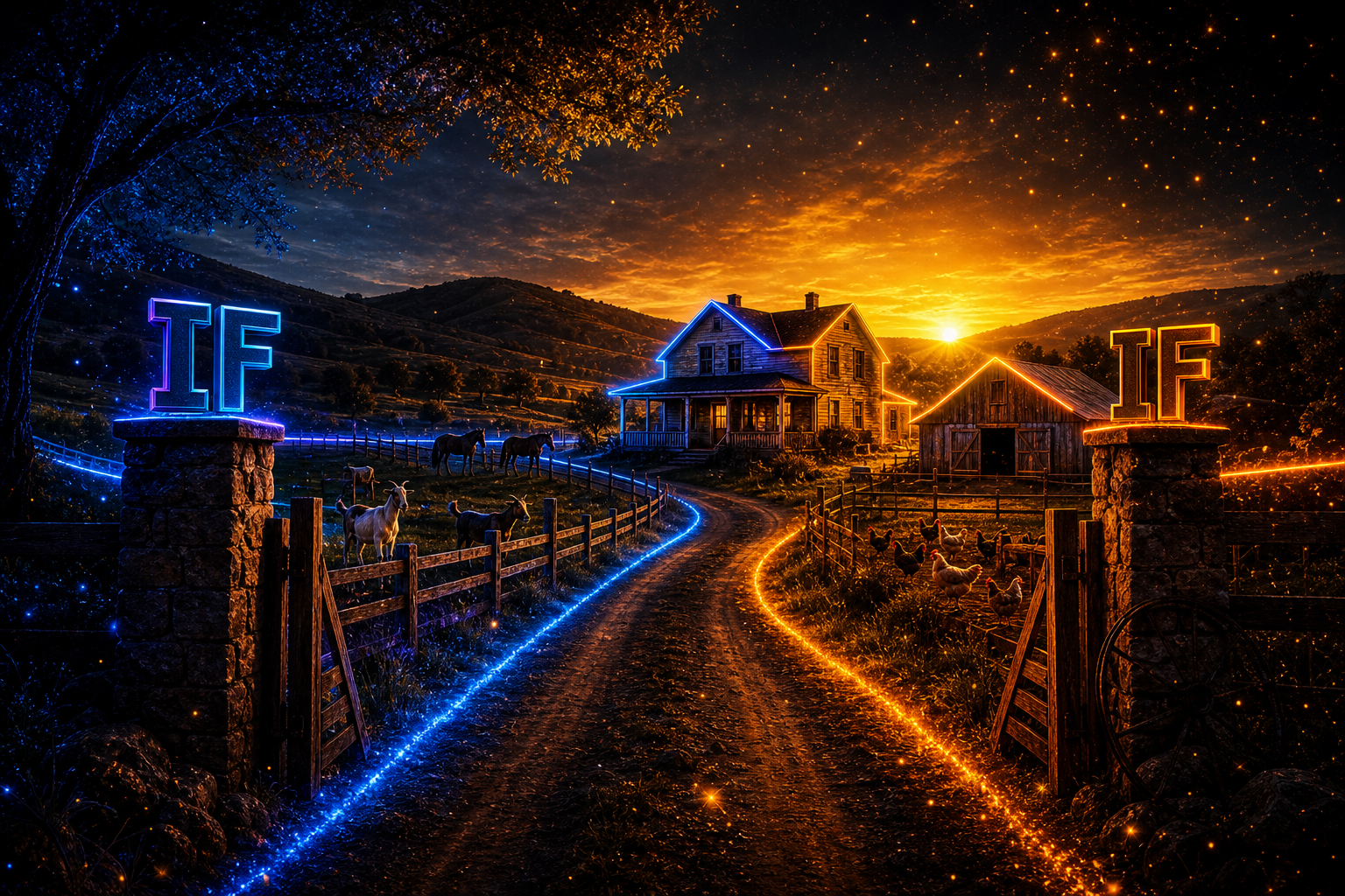 Illustrated rural landscape with blue and amber paths meeting at a farmhouse
