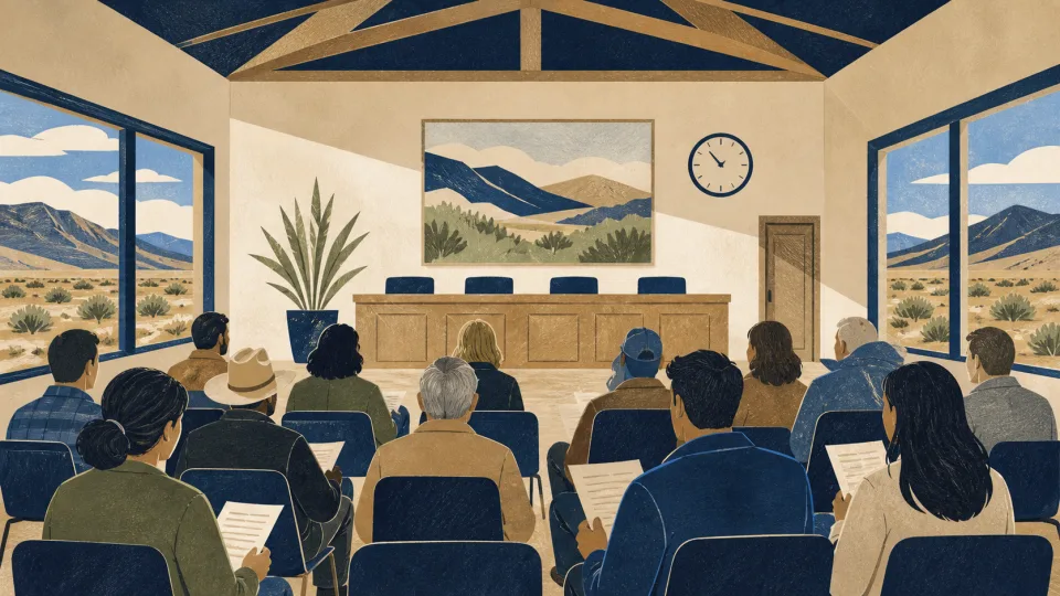 Non-documentary illustration of residents seated in a rural Nevada public meeting room.